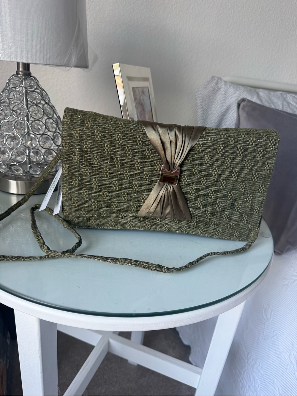 J.Renee Olive Green Textured Clutch with Bronze Bow Detail